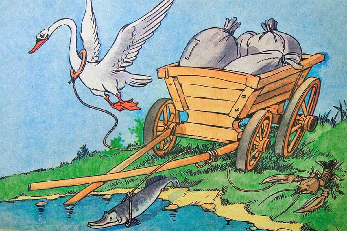 Крылов - Лебедь, щука и рак, иллюстрация